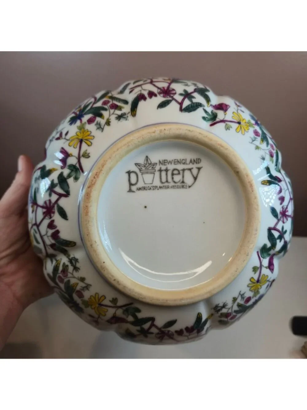 Vintage New England Pottery Floral Planter Bowl Scalloped colorful Wildflowers